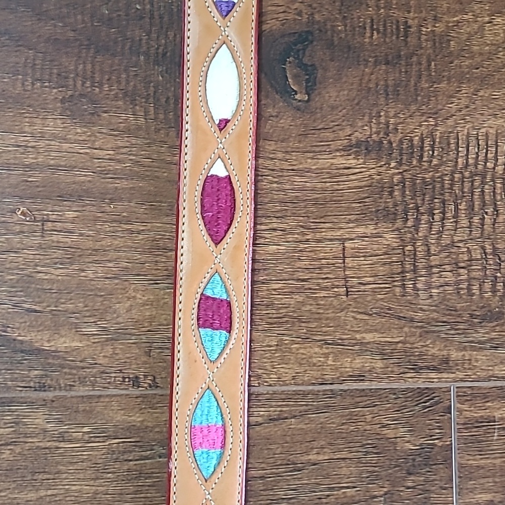 Western Leather Embroidered Belt with Brass Accents Tan, Purple, Yellow, White - Picture 10 of 12
